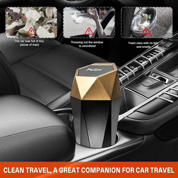Car Trash Can with Lid, Waterproof Diamond Design Auto Cup Holder Trash Bin, Leakproof Mini Garbage Organizer for Vehicle Home Office Kitchen Bedroom, Car Accessories (Golden)