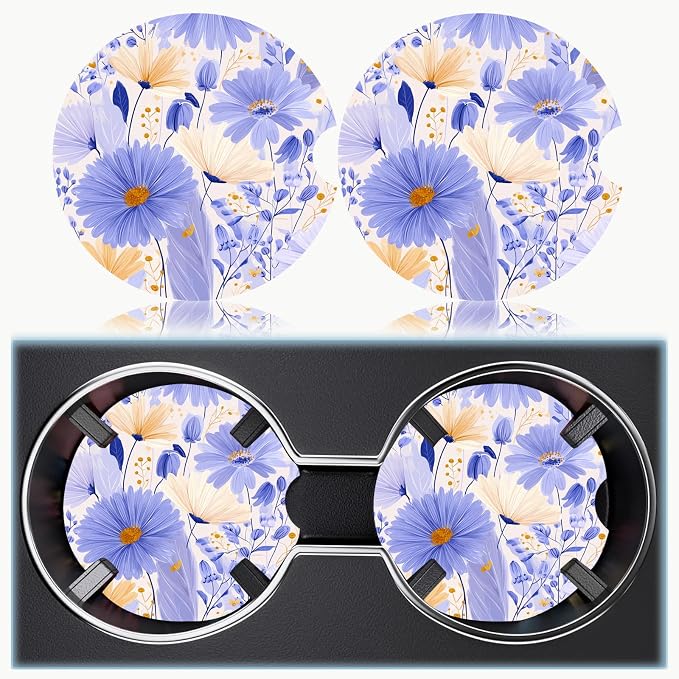 Car Cup Holder Coaster Set of 2, 2.56 in Ceramic Coasters, Scratch-Resistant Cork Backing, Finger Groove Design for Easy Placement, Cute Car Accessories Interior for Women (Purple Flowers)