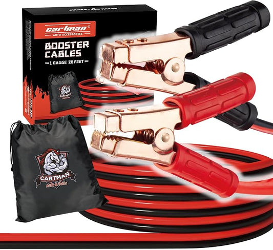 Cartman 1 Gauge 20 ft Heavy Duty Jumper Cables with Carry Bag | Rubber-Insulated Corrosion-Resistant Clamps, CCA Conductors, Cold-Resistant TPR Jacket