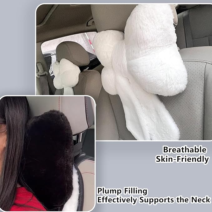 Car Neck Pillow Plush Bowknot Car Headrest Pillow Comfortable Neck Support for Driving Soft Touch Fabric Car Pillow Cute Interior Decor (Black-1Pcs)
