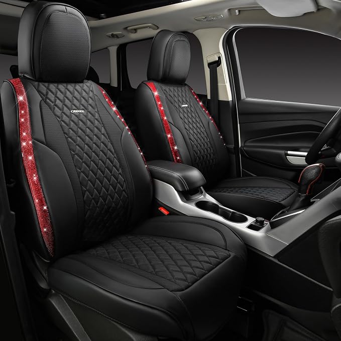 CAR PASS Nappa Leather Bling Diamond Black Red Seat Covers Full Set, Waterproof Calfskin Heavy-Duty Anti-Slip, Universal Fit for 95% Auto SUV Sedan Truck, Glitter Sparkle Shining (Red Rhinestone)