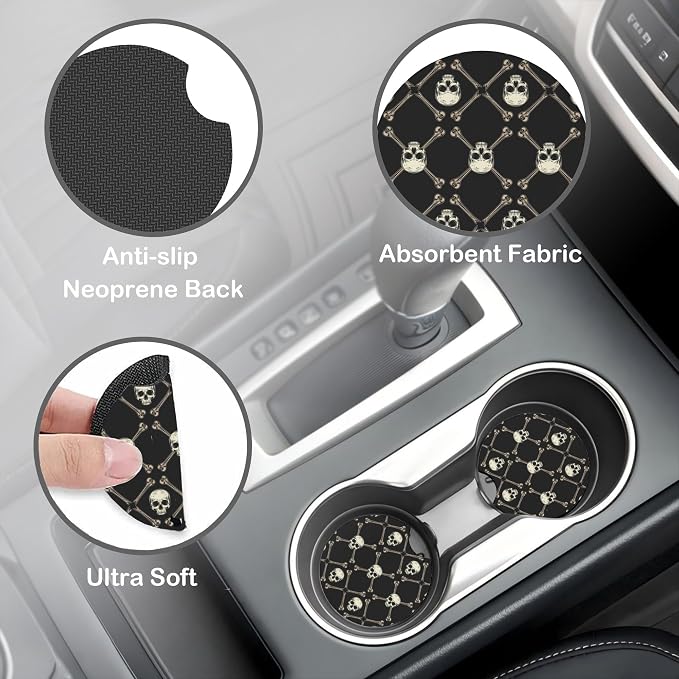 Skulls and Bones Steering Wheel Cover for Women, Anti-Slip Car Steering Wheel Cover with 2 Pcs Cup Holders Neoprene Breathable Car Accessories Universal 15 Inch Auto Interior Decor