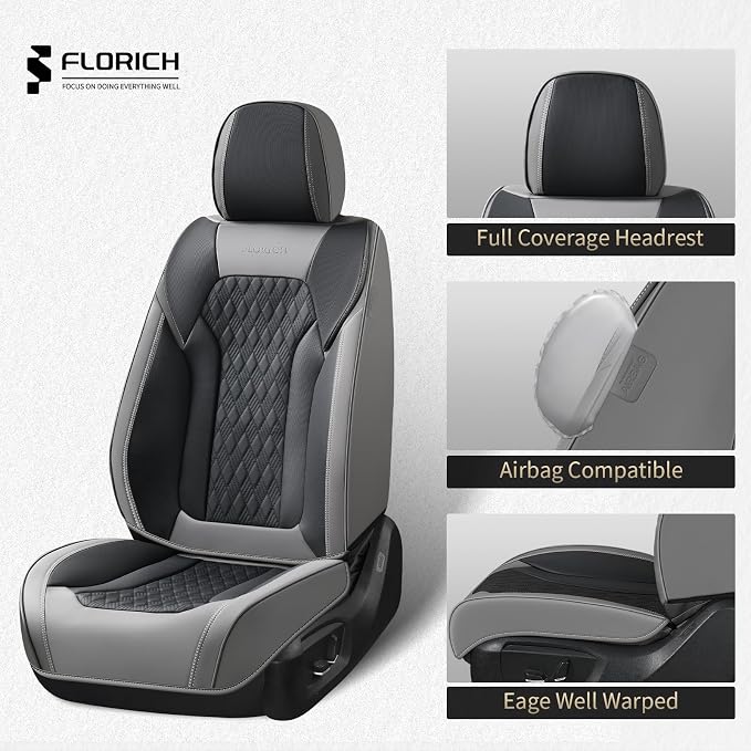 FLORICH Seat Covers, Car Seat Covers Full Set, Luxury Nappa Leather Seat Covers, Breathable and Waterproof Car Seat Protector 5 Seat, Automotive Seat Covers Universal Fit for Most Cars-Gray&Black