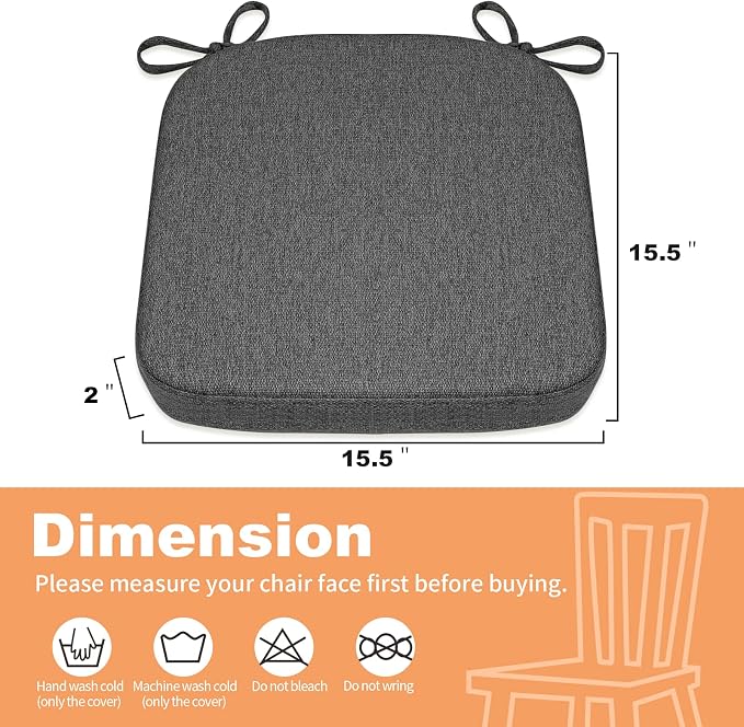 SINOSSO Memory Foam Chair Cushions for Folding Chairs 6 Pack, Thickened 2" Square Pads with Ties for Kitchen Chairs, Indoor Non-Slip Dining Chair Seat Cushions (Set of 6, Dark Grey)