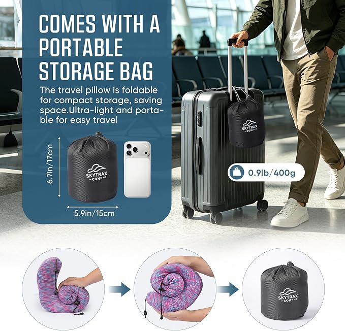 SkytraxComf® Travel Neck Pillow with Hood for Privacy on Long Flights | Memory Foam | Airplane Sleep | Safety-Tested Materials | Extra Large Hood | Chin Support | Earplugs | Washable Cover