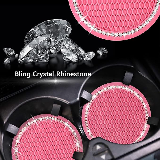 4PCS Bling Coaster, 2.75 Inch Auto Car Cup Holder Insert Coasters Silicone Anti-Slip Crystal Rhinestone Drink Mat, Universal Vehicle Interior Accessories for Women Girls (Pink)