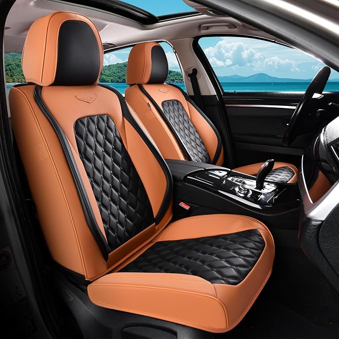 Coverado Car Seat Covers Front Seats, Vintage-Style Soft Waterproof Faux Leather Full Set with Rear Protectors, Comfortable Anti-Stain Interior for Most Vehicles – BrownBlack