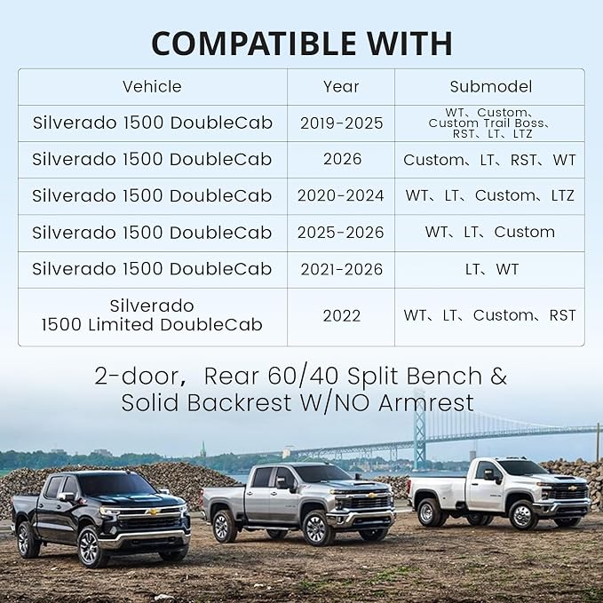 EKR Silverado Seat Covers Custom Fit for (Double Cab) 2019-2026 Chevrolet Silverado 1500/1500 Limited/HD 2500/3500, Rear Row W/No Armrest,Neoprene (Black)