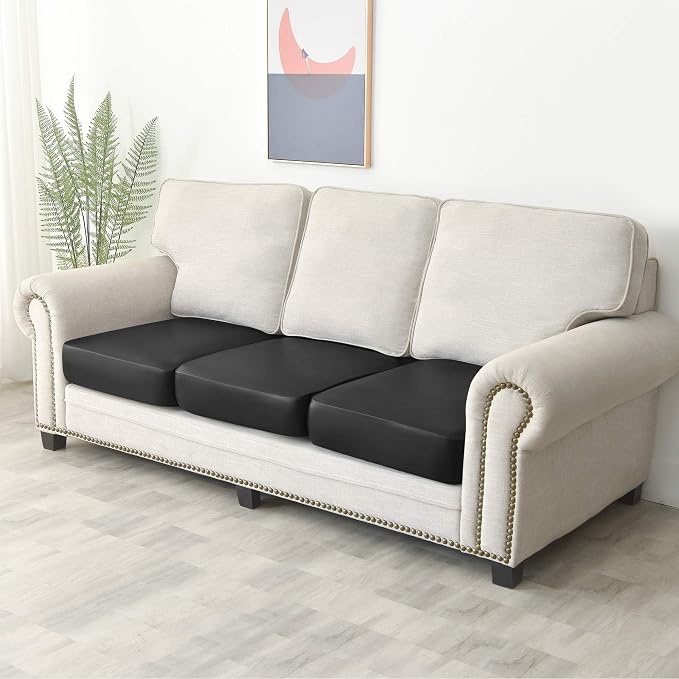 Yates Home PU Leather Couch Sofa Cushion Slipcover Water-Proof Elastic Chair RV Seat Covers Loveseat Slip Cover for Settee Seater Replacement in Living Room（3 Piece Large Sofa Cushion Covers, Black