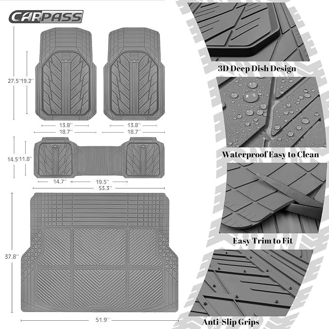 CAR PASS Floor Mats for Cars M-L Size, Heavy Duty Rubber Floor Mats with Trunk Cargo Liner, Universal Trim-to Fit Automotive Floor mats for Truck Van SUV Waterproof All Weather Car Mats All Gray