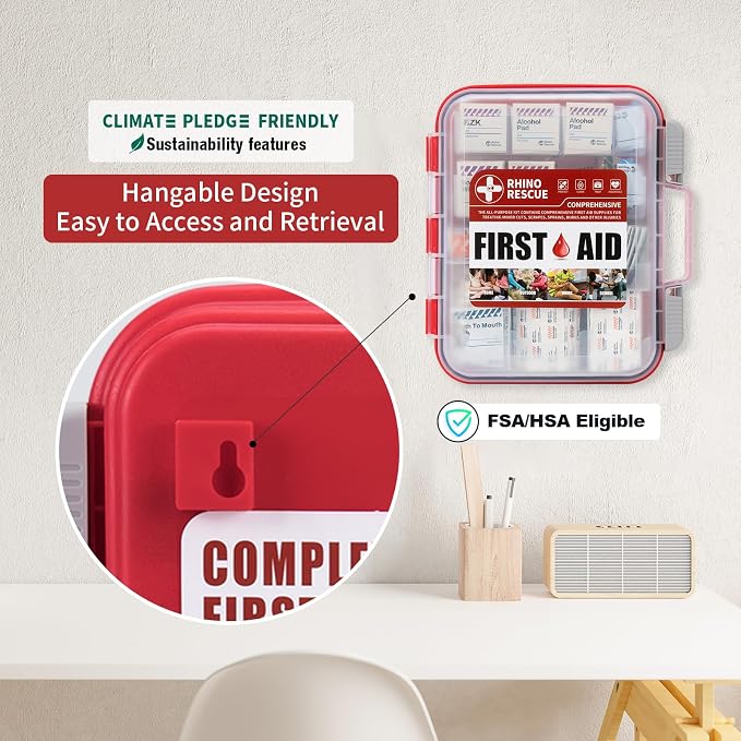 RHINO RESCUE 371pcs OSHA First Aid Kit for Home & Business | OSHA Compliant, Wall-Mount, All-Purpose 100-Person, Dual-Layer Hard Case, HSA/FSA Approved