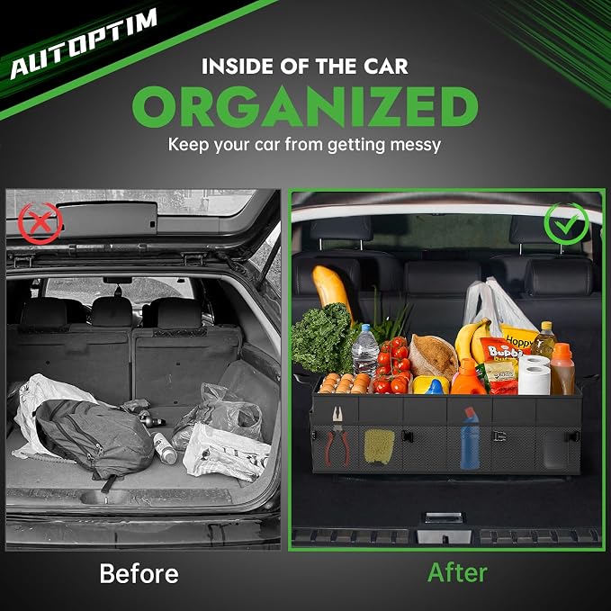 AUTOPTIM Car Trunk Organizer - 85L Collapsible Car Organizer with Non Slip Bottom & Multiple Pockets for Groceries, Trunk Storage with Base Panel for SUV Sedan Van, 3 Compartments (Black, X-Large)