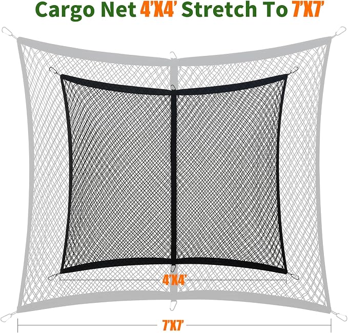 Cargo Net for Pickup Truck Bed, Double Layer, Highly Elastic | Stretchable 4"x4" to 7"x7", Truck Bed Net with 6 Metal Carabiners for Daily Light Loads of Trucks, Vans and SUVs