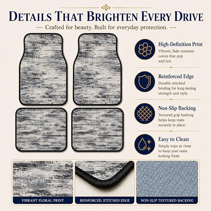 Gray Abstract Car Floor Mats Set of 4 Distressed Modern Texture Car Accessories Foot Mats Rugs, Non-Slip,Decor for Universal Fit for Suvs Sedans Trucks Cars Auto Floor Carpets Rugs All-Weather