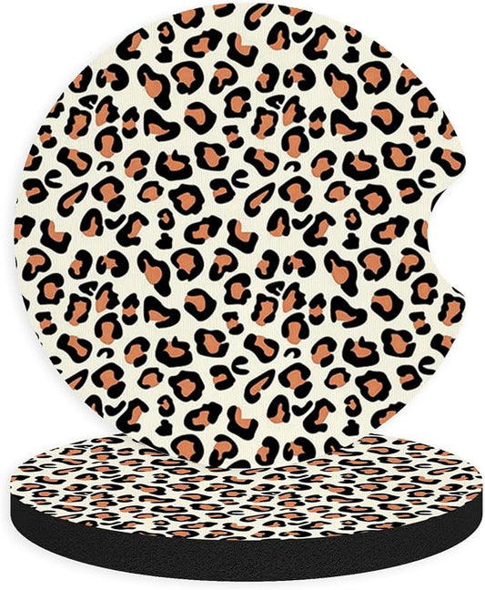 2pcs Leopard Print Car Coasters,Absorbent Universal neoprener Cup Holder Coasters with a Finger Notch,Car Accessories for Women&Man Interior，2.75" 4