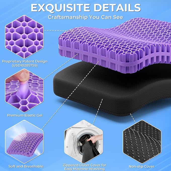 TushGuard Gel Seat Cushion for Long Sitting, Enlarged & Thickened Patent Design, Breathable Cooling Chair Pad for Office, Soft Car Seat Cushion for Wheelchair (Standard, Black)