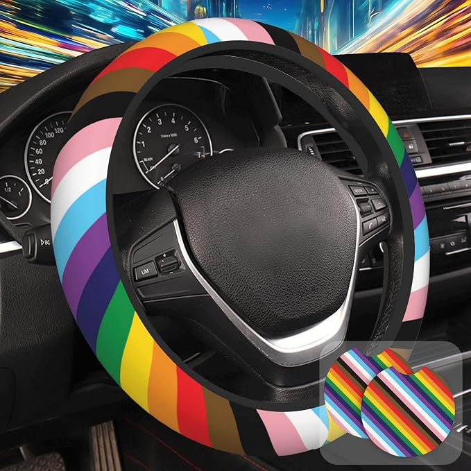 Rainbow Stripes Steering Wheel Cover for Women, Anti-Slip Car Steering Wheel Cover with 2 Pcs Cup Holders Neoprene Breathable Car Accessories Universal 15 Inch Auto Interior Decor