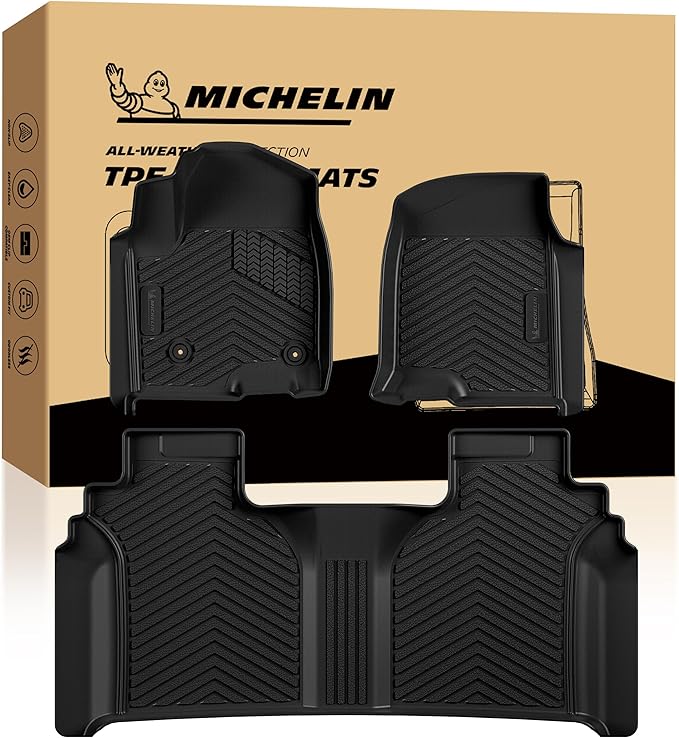 Michelin Vehicle Mats, All-Weather TPE Custom Fit Liner for 2019-2026 Silverado/Sierra 1500, 2020-2026 2500/3500, Crew Cab Bucket Seat Carpet Floor with Rear Under-Seat Storage, Premier A
