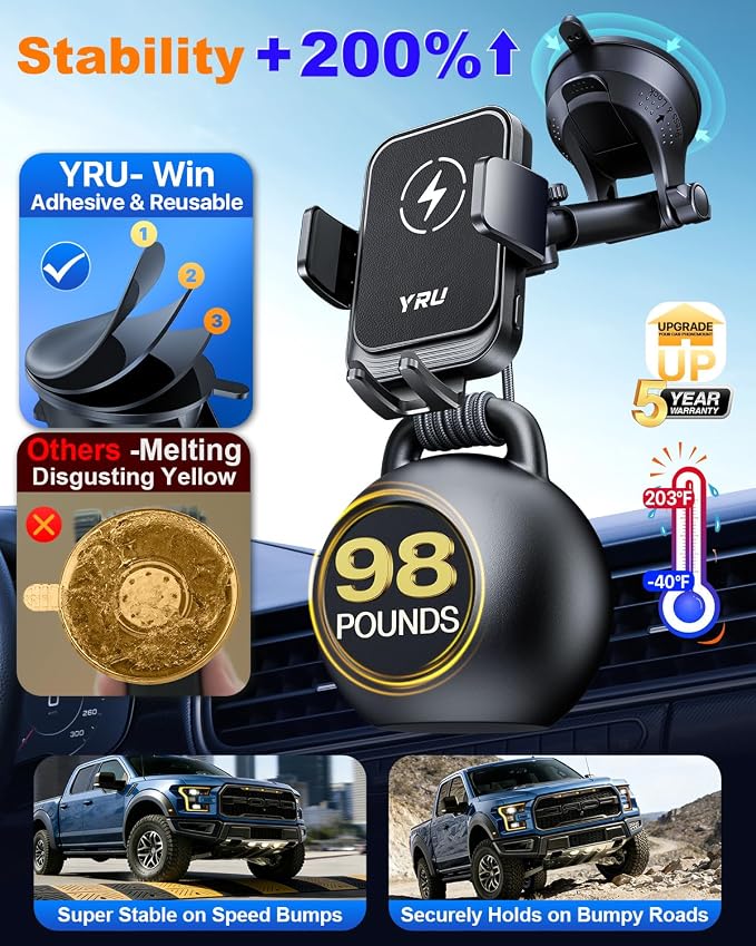 YRU [True Military-Grade] Wireless Car Charger Mount, 15W Charging Auto Clamping Car Phone Holder [98+LBS Strong] Dashboard Windshield Vent Cellphone Holder for iPhone 17 16 15 Pro Max, Dark Black