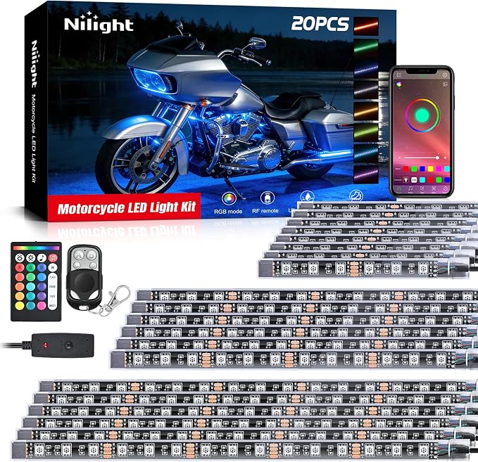Nilight 20PCS Motorcycle RGB LED Light Kit Waterproof Multi Color Atmosphere Neon Accent Lights Lamp APP and Remote Control Underbody Strips for Harley Davidson Honda Kawasaki Yamaha Suzuki