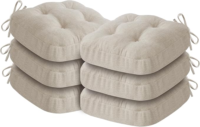 IASEAHK Chair Cushions, Foam Dining Chair Cushions, Tufted Indoor Chair Pads, Set of 6, Beige, 16.5” x 16.5” x 3.5”