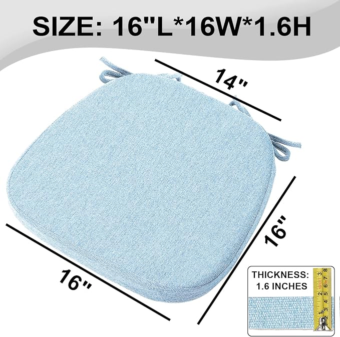 SINOSSO 6 Pack Memory Foam Chair Cushions for Dining Chairs, Friendly Woven Fabric 16" U-Shape Comfortable Kitchen Chair Pads, Removable Slip Resistant Seat Cushions (Set of 6, Water Blue)