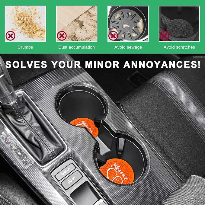 2 PCS Car Cup Holder Coaster, 2.76 Inch Non-Slip Auto Drink Mats with Blessed Cross and Heart, Shockproof Christian Cup Insert Coaster for Most Vehicles, Car Accessories (Orange)