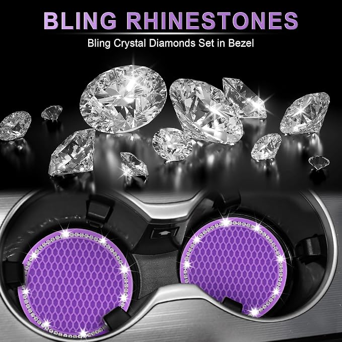 JUSTTOP Bling Cup Holder Coasters for Car,4PCS Universal Non-Slip Cup Holder,Rhinestone Decorative Coasters,Crystal Car Interior Accessories for Women(Purple)