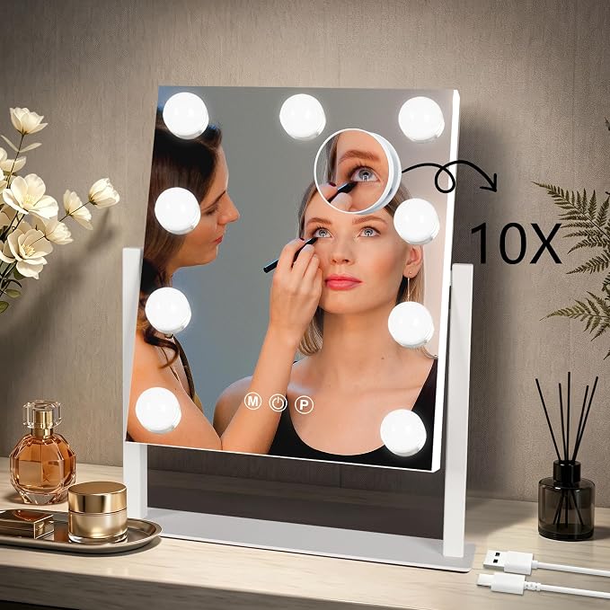 Ratsamee Rechargeable Hollywood Vanity Mirror with Lights, 14"×12" LED Makeup Mirror, Smart Touch Control, Makeup Mirror for Bedroom, Vanity Desk, Beauty Routine