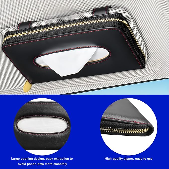 Car Tissue Holder, PU Leather Auto Sun Visor Tissue Case Napkin Holder with Zipper, Rectangular Mask Dispenser Hanging Paper Towel Organizer for Cars SUVs Trucks RVs (Black)