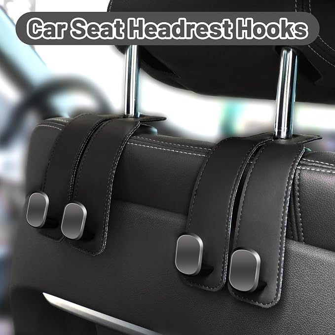 Amelity Purse Hook for Car, Car Seat Headrest Hooks for Purses & Bags | Car Interior Accessories for Women, Heavy Duty Leather Purse Hanger for Car, 2 Pack Black