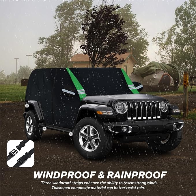 Cab Cover Compatible with Jeep Wrangler Waterproof 4 Door Custom Fits for TJ YJ CJ JK JL, Outdoor Half Exterior Soft Cotton Lining Dust Sun Rain Snow Hail Protection with Trunk Zipper