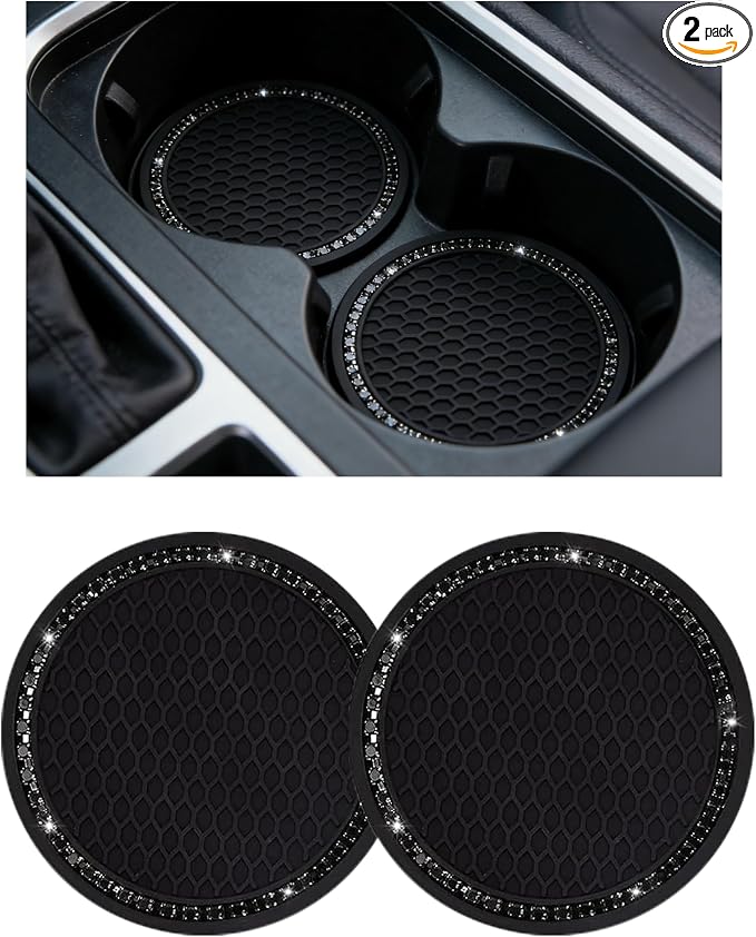 Yousheng Bling Car Cup Coaster, Universal Holder Insert Rhinestone Anti Slip Silicone Accessories Suitable for Most Interior, Best Gift Women, Black and Black, 2 Count (Pack of 1)