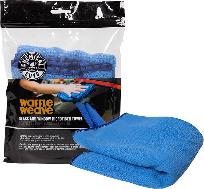 Chemical Guys Waffle Weave Glass Cloth Microfiber Towel, Blue, 24 x 16 | For streak-free cleaning on cars, trucks, and SUVs, blue waffle weave streak-free cleaning cloth, lifts fingerprints