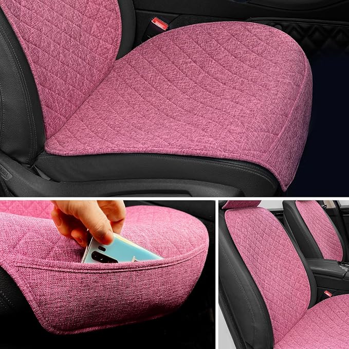 BOPUOVRE Linen Car Seat Cover - Non-Slip & Breathable - Universal Fit for Cars, Vans, SUVs, Trucks - 2 Units - Pink
