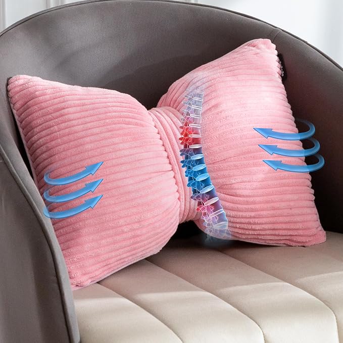 HIGOGOGO Lumbar Support Pillow for Recliner Chair, Bow Knot Shaped Back Support Cushion, Striped Corduroy Soft Decorative Lumbar Pillow for Office Chair, Sofa, Car, Bed, Living Room - Pink
