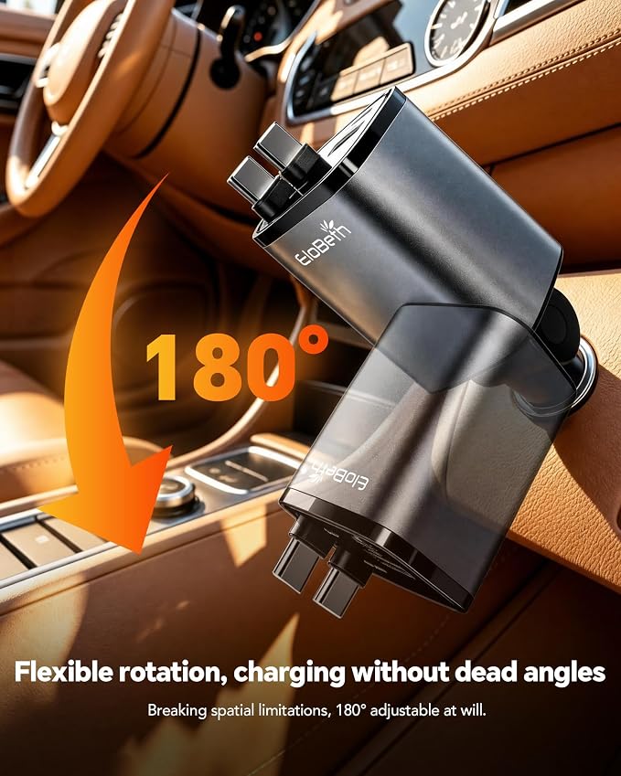 84W Retractable Car Charger,Car Phone Charger USB C Fast Charge for iPhone | EloBeth Car Charger,Cigarette Lighter USB Charger Car Accessories,Road Trip Essentials Gift for Men,for iPhone 17/16,Galaxy