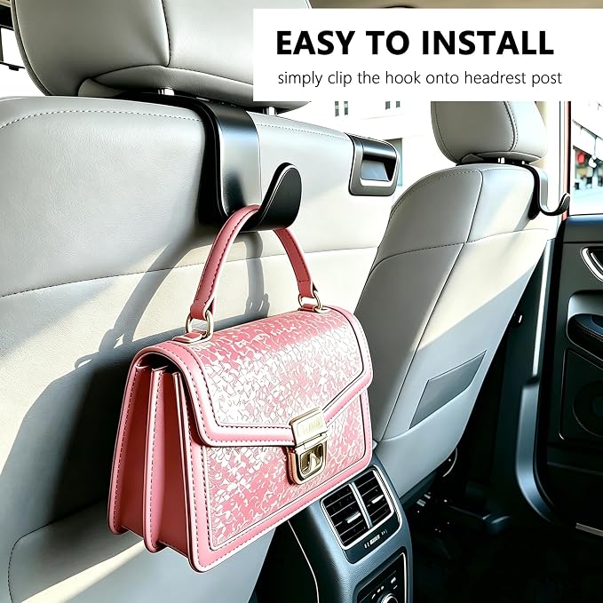 EldHus Car Seat Hooks 4 Pack, Headrest Hooks for Purses Groceries Bags with Metal Lock, Car Purse Holder Seat Back Storage Hooks