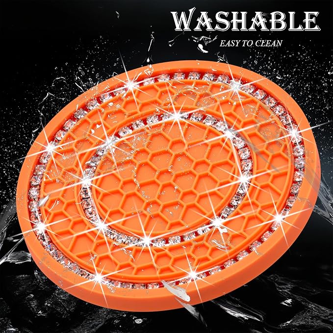 4PCS Bling Crystal Rhinestone Cup Holder Coaster, 2.75 inch Soft Silicone Anti-Slip Shockproof, Car Cup Holder Insert Coasters, Universal Car Interior Accessories for Women (Orange & White)