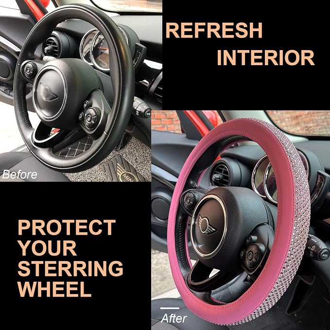 PINCTROT Bling Bling Comfy Steering Wheel Cover with Jumbo Crystal Rhinestones, Anti-Slip Diamond Leather, Universal 15 Inch (All Pink)