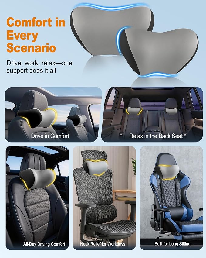 Allaboutsla 2-Pack Car Neck Pillow, Car Headrest Pillow for Neck Support | Memory Foam Car Neck Pillow for Driving with Neck Support, Adjustable Strap, Head Rest Pillow for Drives, Trucks, Gray&Black