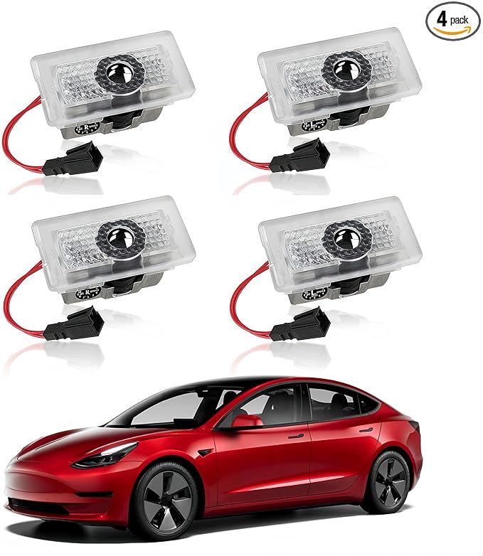 LOWEEY Car Door Lights Logo Projector Compatible with Accessories for Model Y 3 X S, No Fade 4K-HD Puddle Lights Car Welcome Light 3D Laser Ghost Shadow Light (Red Logo)