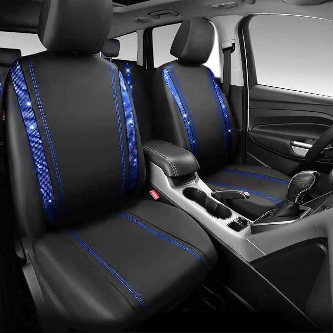 CAR PASS Bling Diamond Car Seat Covers Full Set, Shining Rhinestone Waterproof Faux Leather, Rear with Zipper, Universal Fit Automotive Glitter Crystal Sparkle Strips for Cute Women Girl, Blue