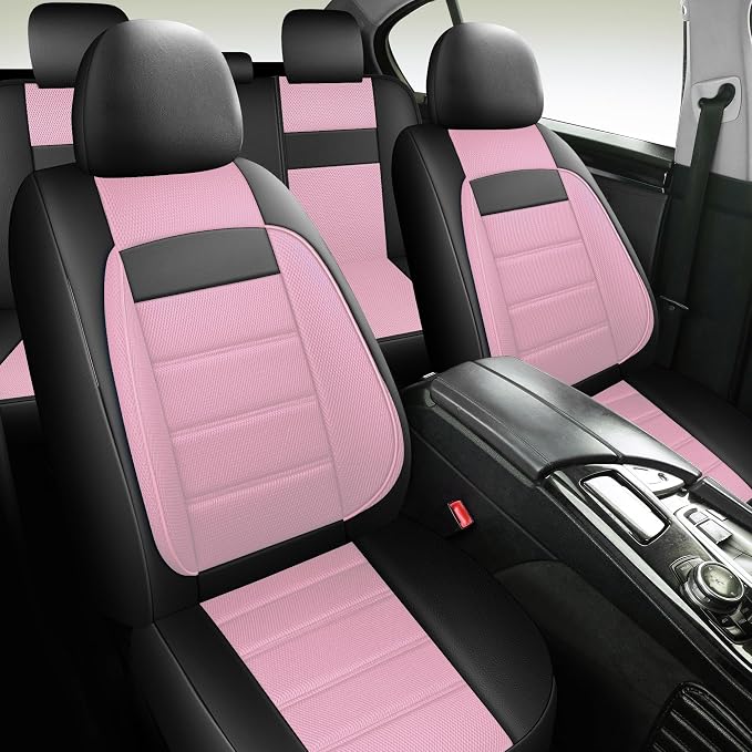 HChengkikz Car Seat Covers, Leather, 3D Foam Back Support (Black + Pink) | Air Mesh, Airbag Compatible, Universal Fit for Most Cars, Vans, Trucks, SUVs