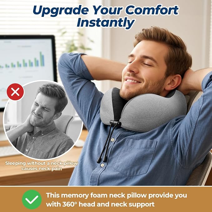 ExploreBliss Travel Pillow, Travel Pillows for Sleeping Airplane, Neck Pillow Airplane, Memory Foam Neck Pillow Set with Eye Mask, Earplugs and Storage Bag -Light Grey