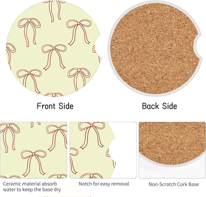 Cute Bowknot Car Coasters,Absorbent 2 Pack for Cup Holders with Finger Notch,2.56 inches Ceramics Heat Resistant Anti Slip Cork Base Car Drinks Coasters Auto Cup Holder