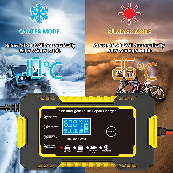 12V 6-Amp Battery Charger, Smart Trickle Charger Maintainer Yellow | Battery Desulfator, Winter & Summer Mode, Lead-acid Battery Chargers, for Car Truck Motorcycle Lawn Mower Boat