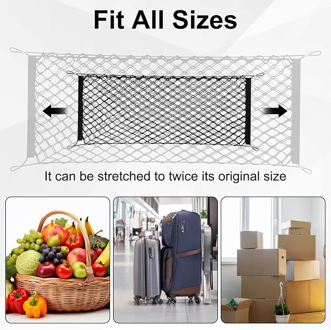 Cargo Net, Premium Dual-Layer Nylon Cargo Net for SUV, Automotive Exterior Accessories, Adjustable Elastic Trunk Net with Hook, Car Accessories for SUV, Truck, Pickup(43.3x15.7 Inch)