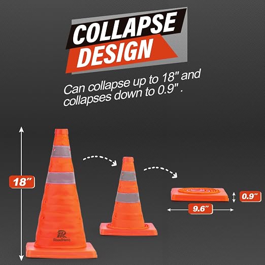 RoadHero 18 Inch 8 Pack Collapsible Traffic Safety Cones, Multi Purpose Pop-up Cones with Reflective Collar for Road Safety, Orange Cones for Driving Training, Parking Lots