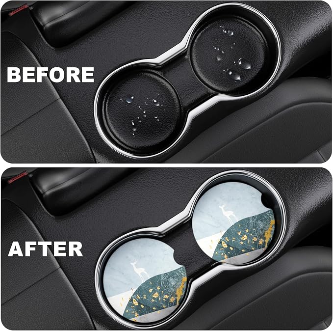 2 Pack Car Cup Holder Coasters, 2.63 inch Anti Slip Insert Absorbent Ceramic Coasters with Cork Base and Finger Notch, Cute Car Accessories for Women